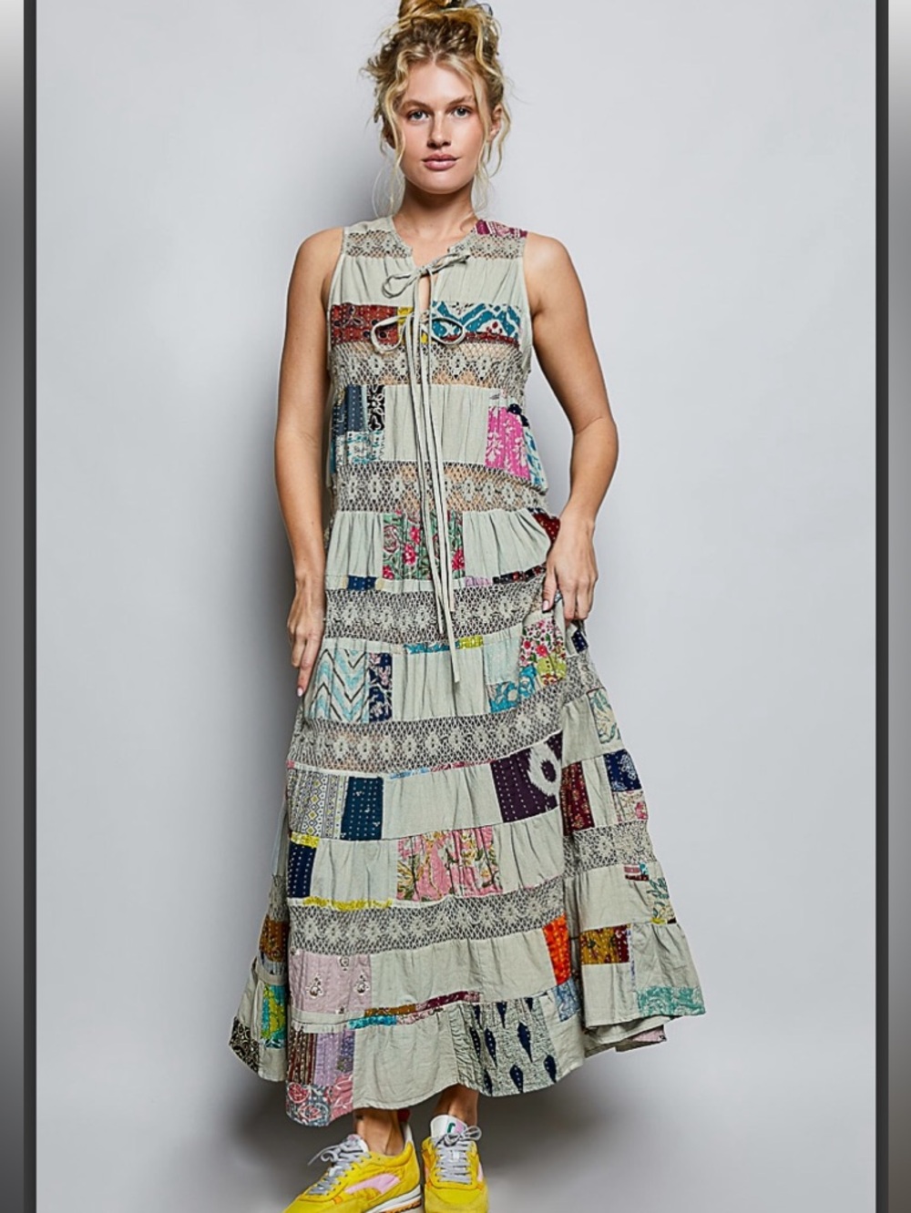 POL V neck maxi patchwork dress